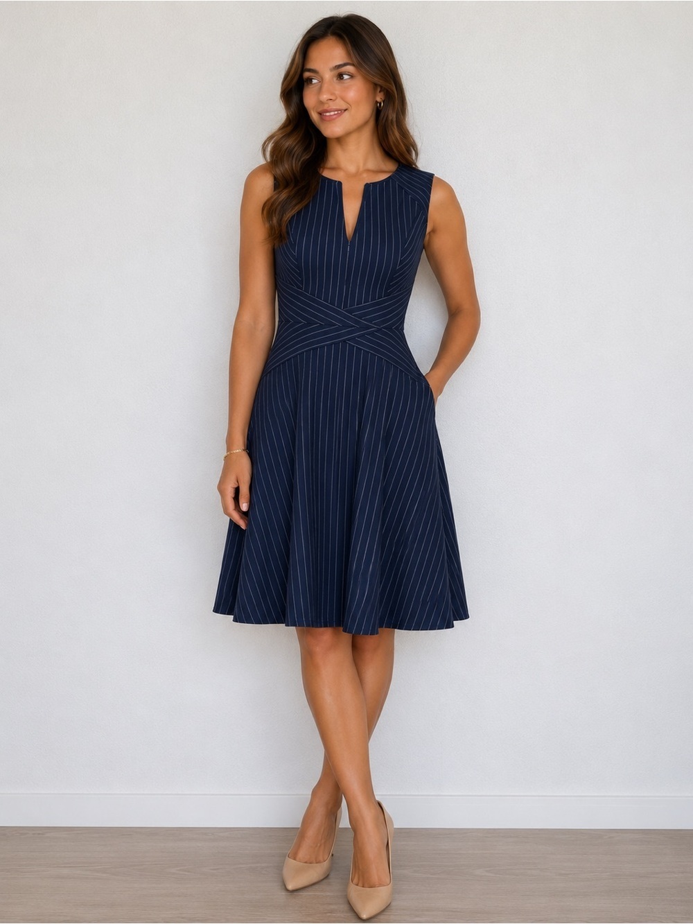 Navy Blue White Striped Dress Front/Back Zipper Pockets Size Med